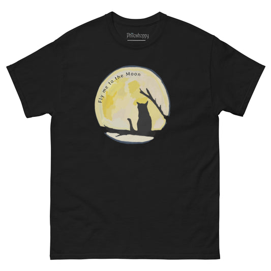 Black unisex Fly Me to the Moon cat graphic t-shirt featuring moon and cat silhouette cosmic design