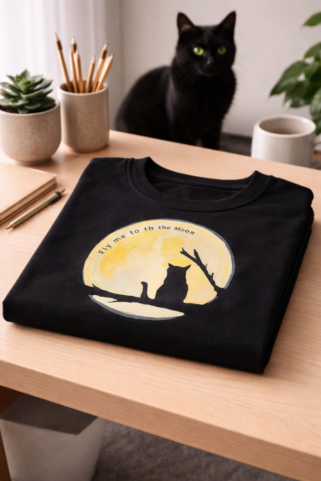 Folded black t-shirt with cat graphic on a wooden table, black cat sitting in the background.