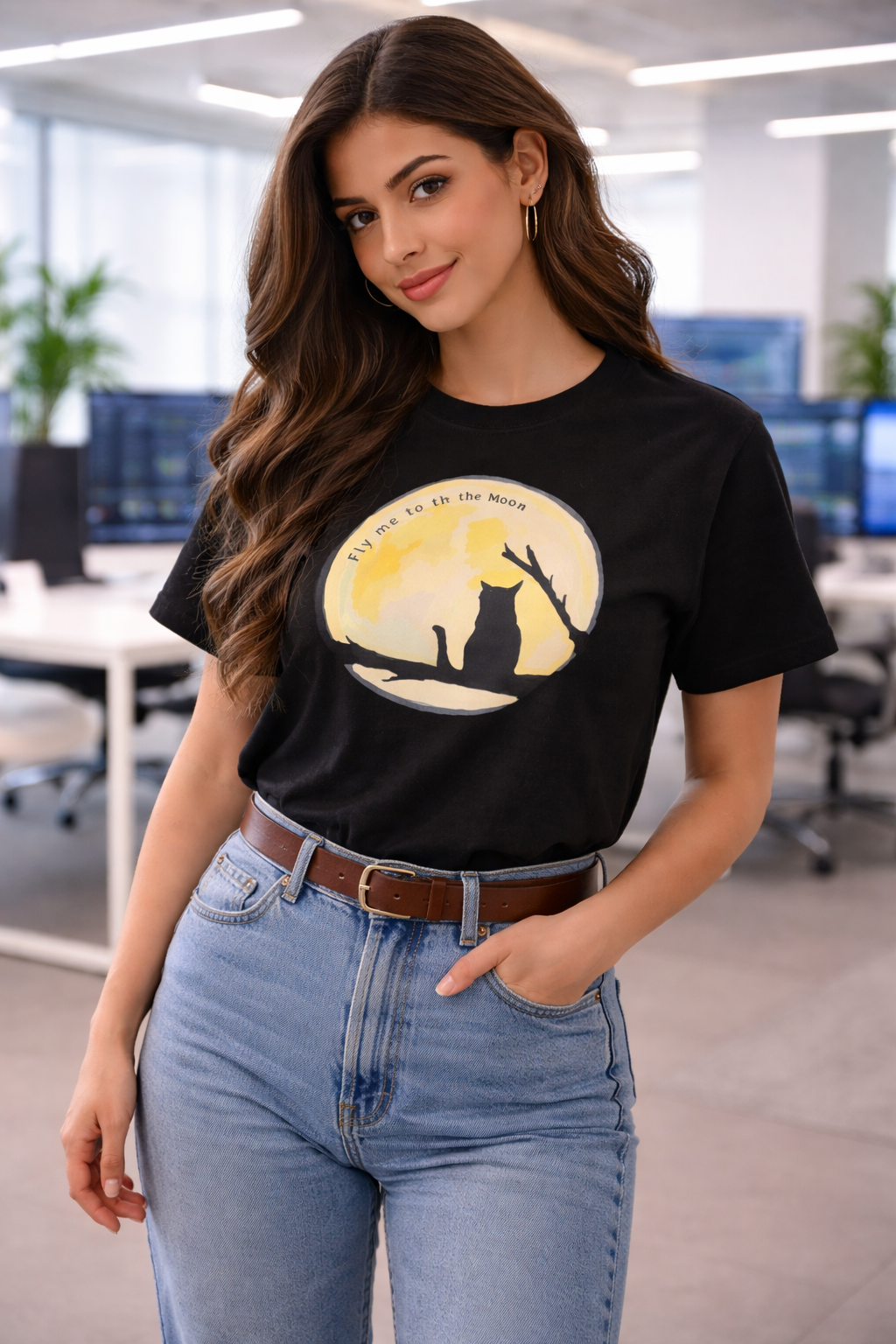 Woman wearing black unisex lunar cat aesthetic tee with relaxed fit styling