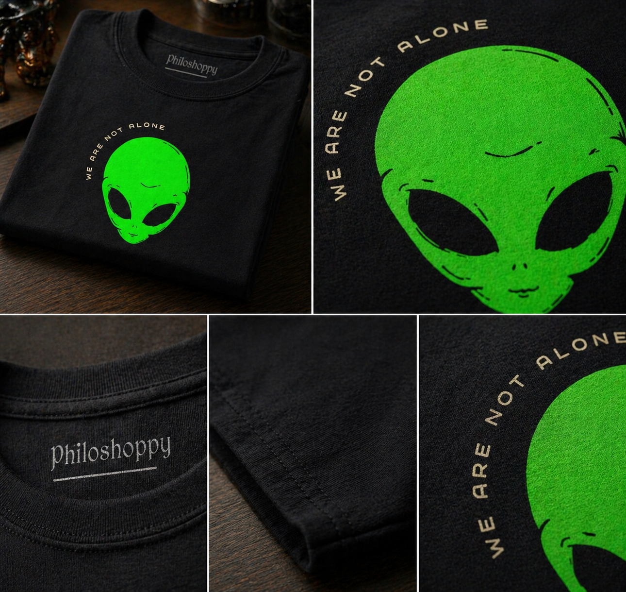 Black t-shirt with green alien graphic and 'We Are Not Alone' text, featuring Philoshoppy brand.