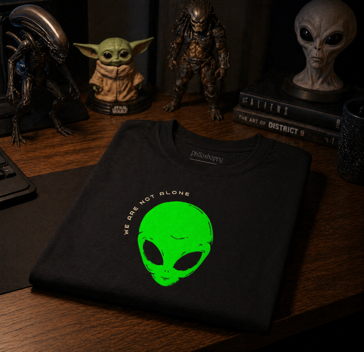Black t-shirt with green alien graphic and text on a desk with sci-fi figurines.