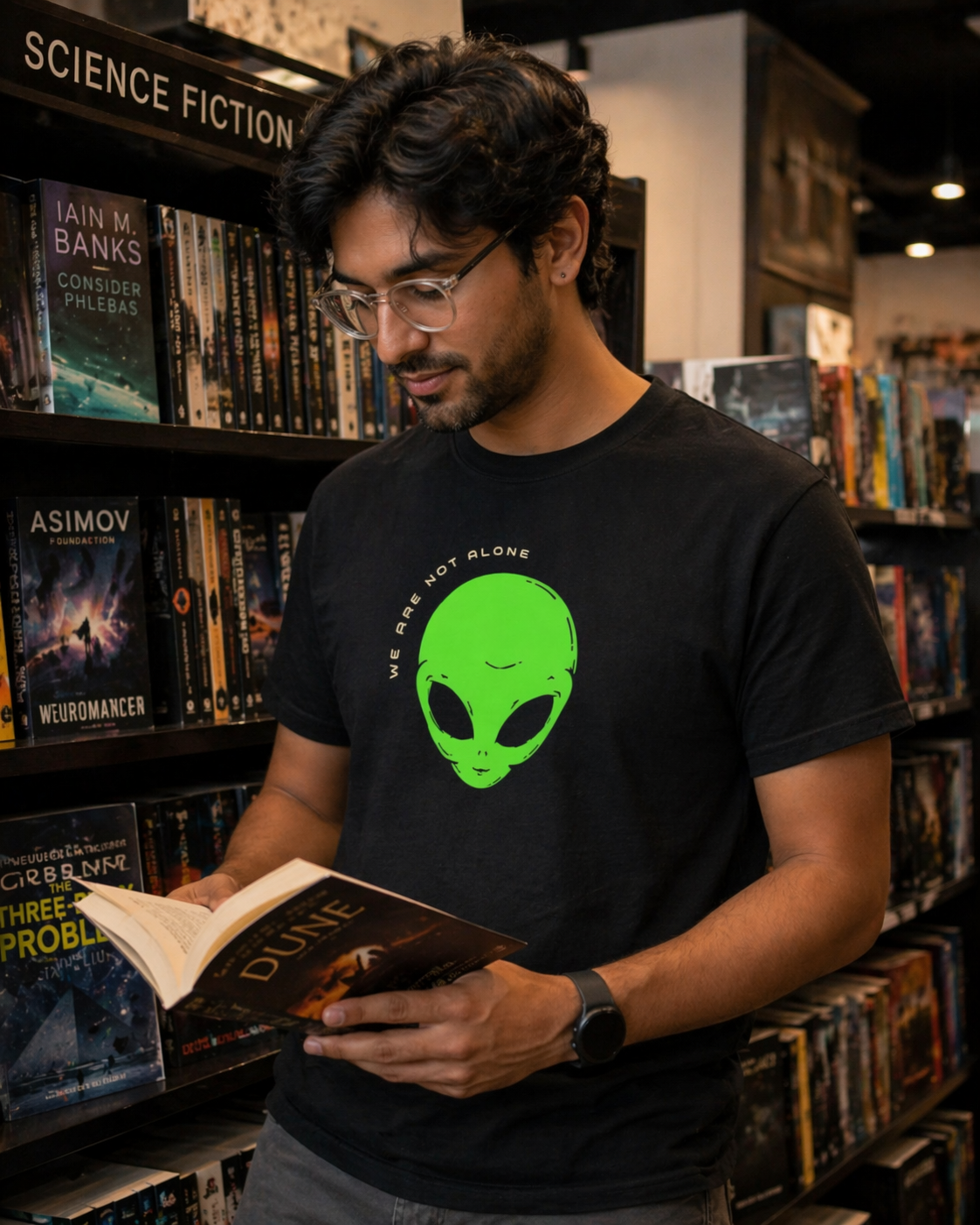 Man reading a book in a bookstore wearing a black t-shirt with a green alien graphic.