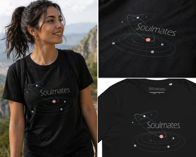 Woman wearing a black t-shirt with 'Soulmates' design, close-up of design on shirt.