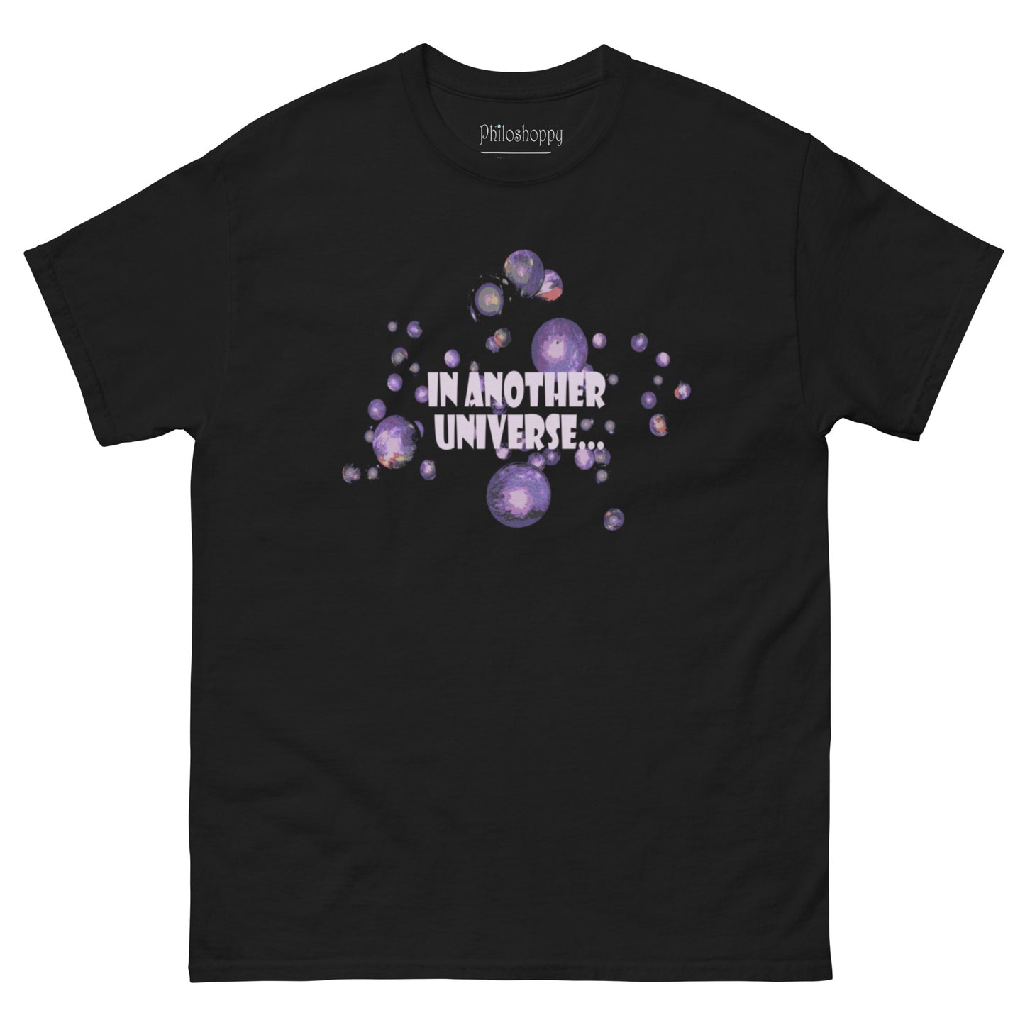 Black unisex In Another Universe graphic t-shirt featuring minimal multiverse cosmic design