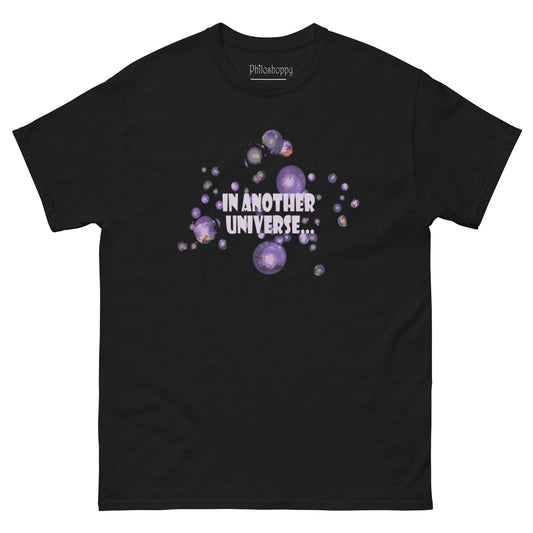 Black unisex In Another Universe graphic t-shirt featuring minimal multiverse cosmic design