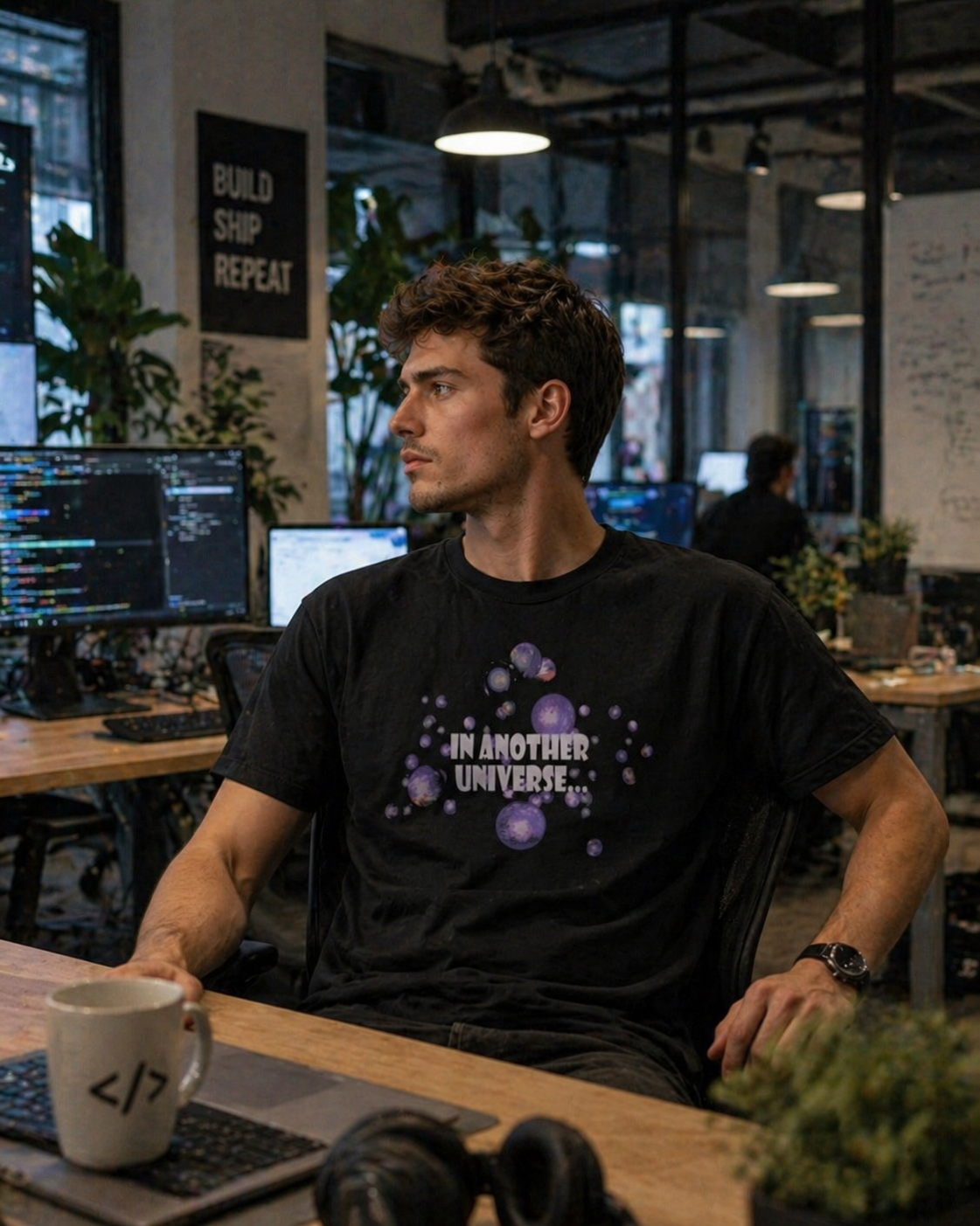 Person wearing black In Another Universe t-shirt styled casually sitting at a desk in an office.