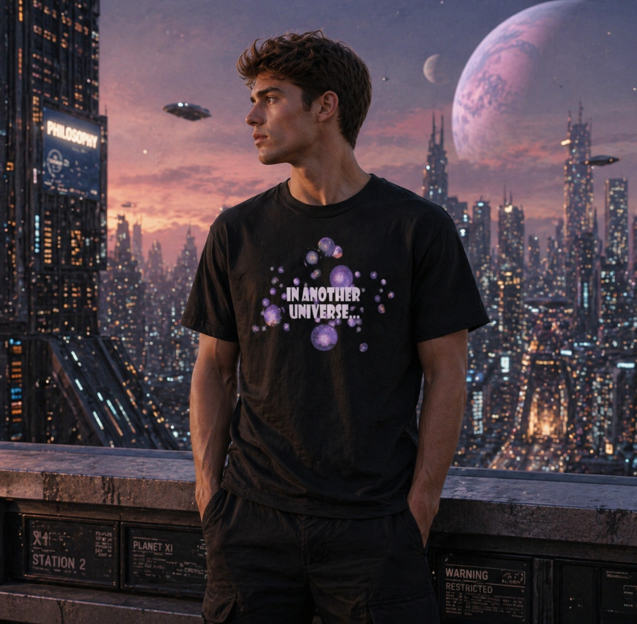 Male model wearing black In Another Universe t-shirt styled casually in front of a futuristic cityscape with alien spacecraft and planets.