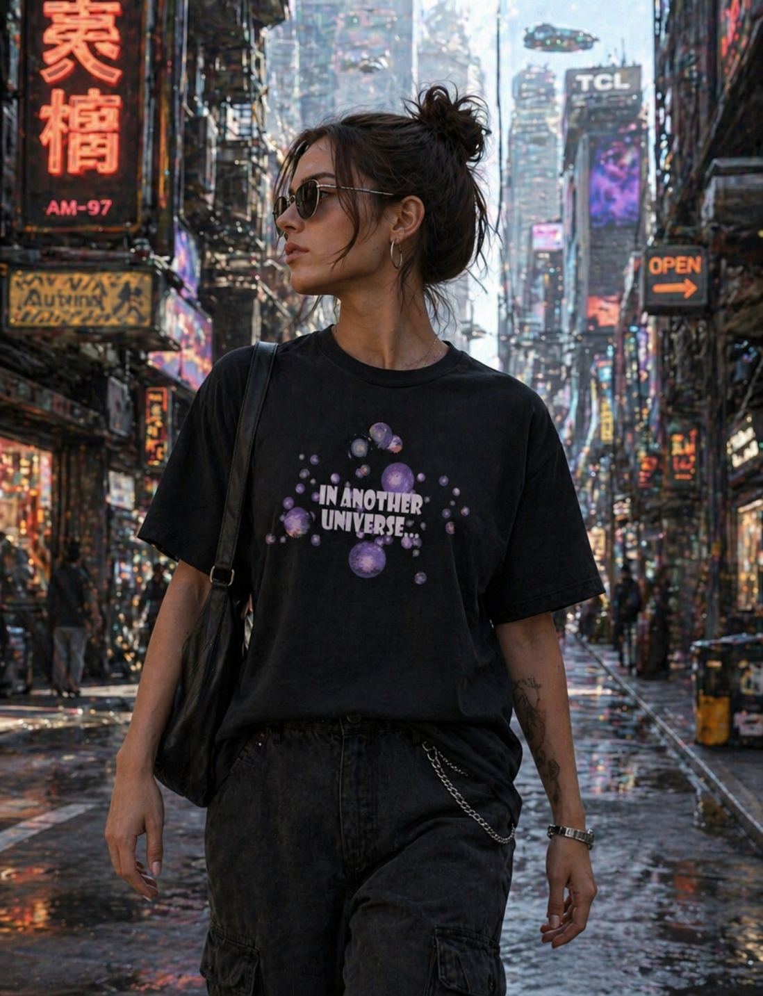 Person wearing black unisex multiverse graphic tee with relaxed fit in a neon-lit city street.