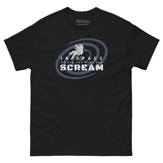 Black unisex cotton t-shirt featuring skeleton astronaut floating in deep space with cosmic horror graphic and “In Space No One Can Hear You Scream” design