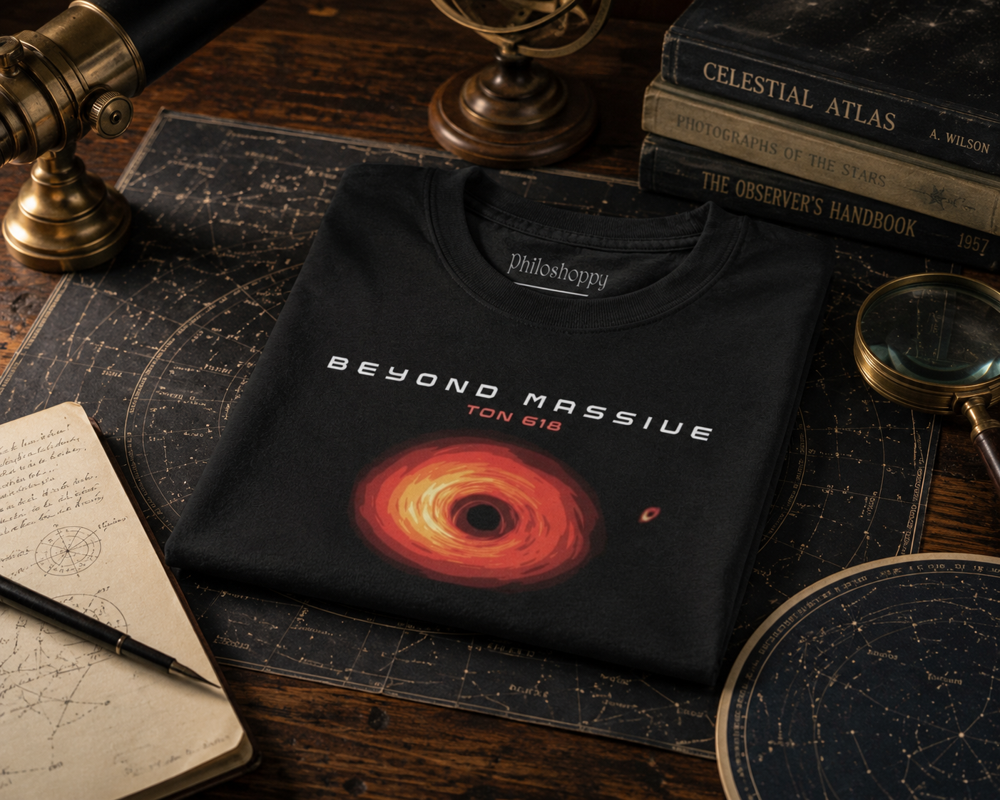 black cotton Beyond massive TON 618 t-shirt featuring astronomical black hole design on a wooden surface with books and a globe.