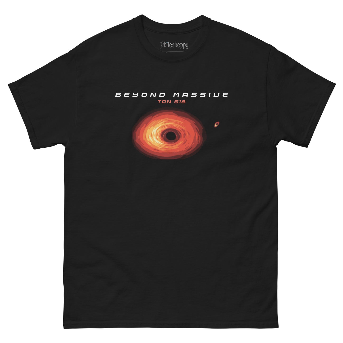 Black unisex Beyond massive TON 618 t-shirt featuring red supermassive black hole graphic artwork