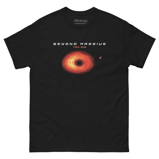 Black unisex Beyond massive TON 618 t-shirt featuring red supermassive black hole graphic artwork