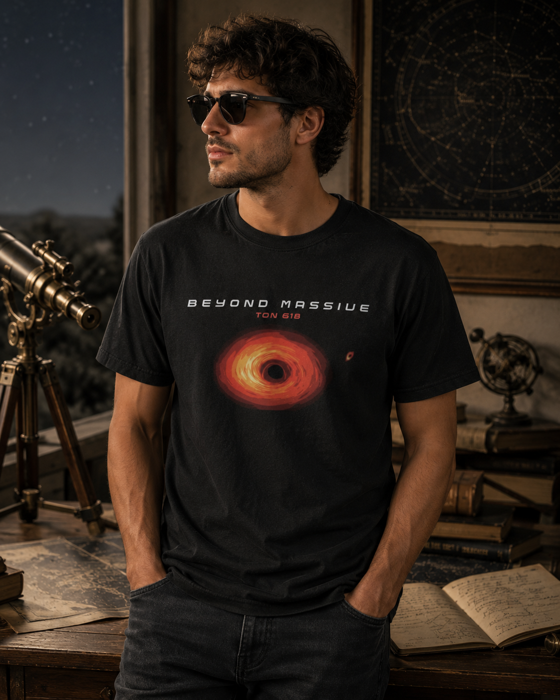 Man wearing black TON 618 astronomy graphic t-shirt with a black hole graphic and text beyond massive in an indoor setting.