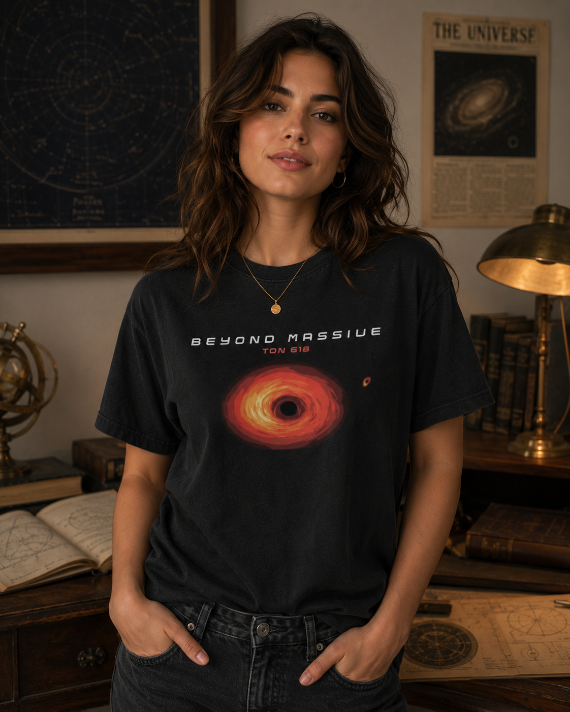 Person wearing a black t-shirt with a black hole graphic and 'Beyond Massive' text in a room with books and a lamp.