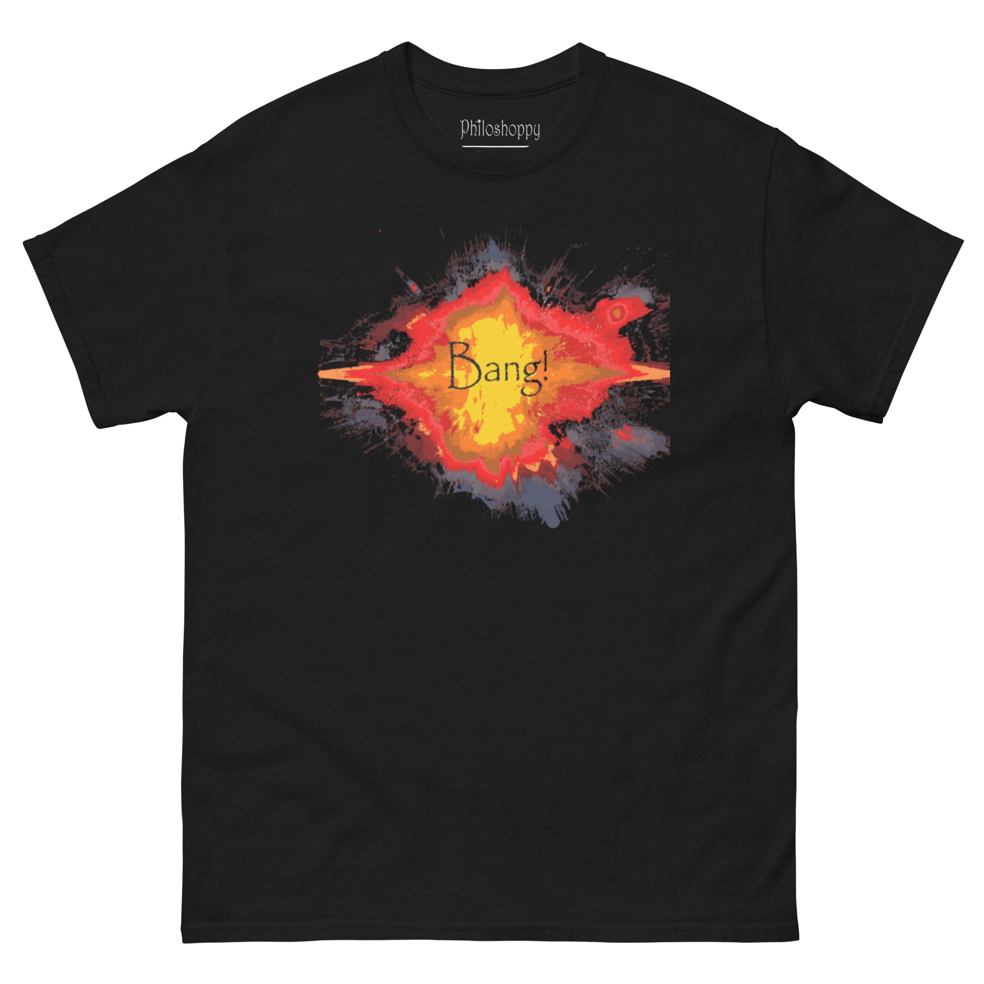 Black unisex Big Bang graphic t-shirt featuring cosmic explosion artwork and Bang text on front