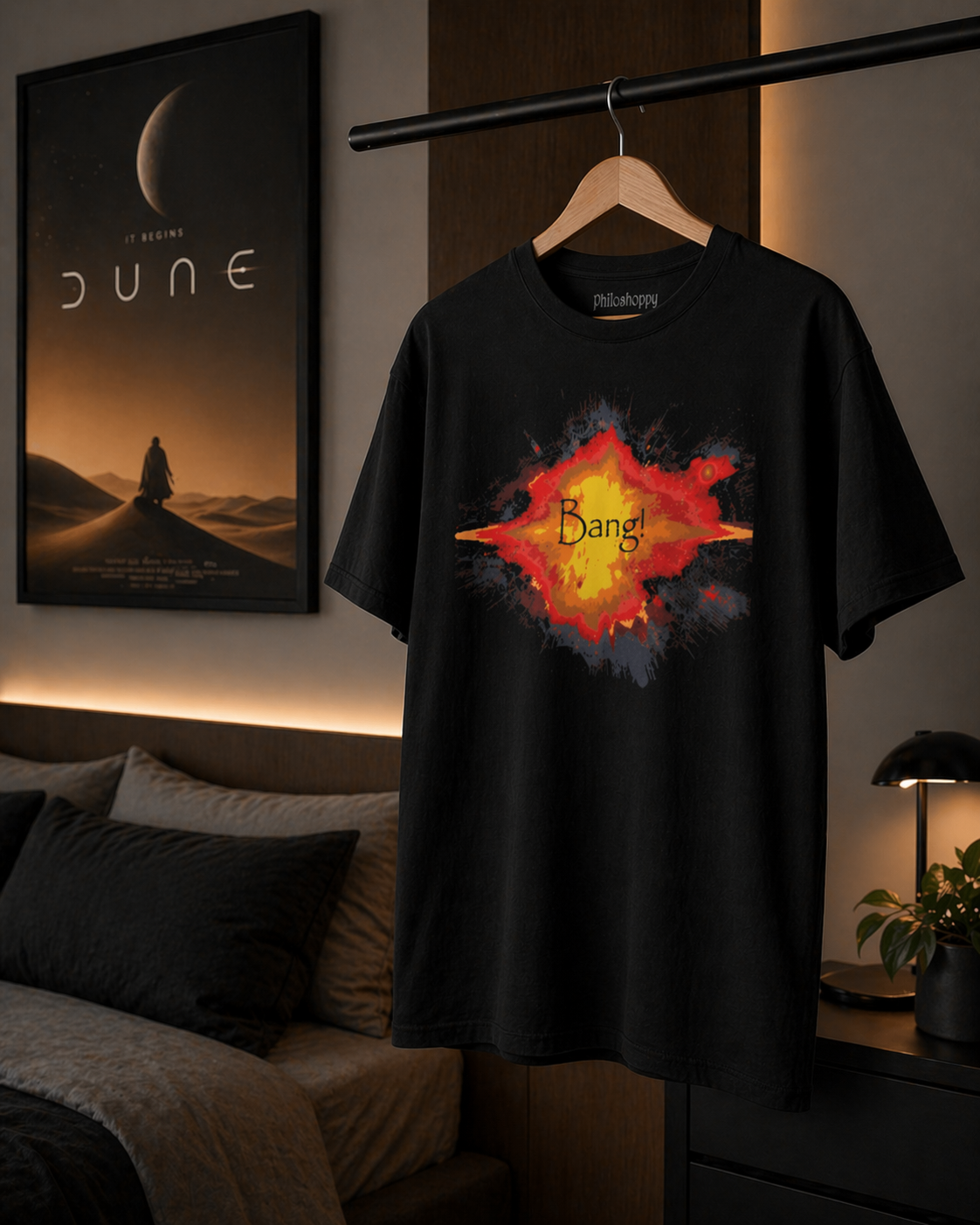 Black t-shirt with 'Bang!' design on a hanger in a room with a 'Dune' movie poster.