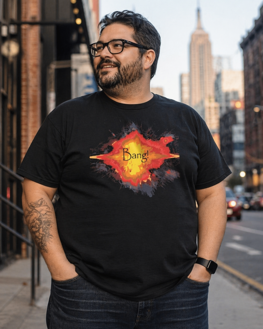 Person wearing astronomy-inspired Big Bang shirt in everyday casual outfit