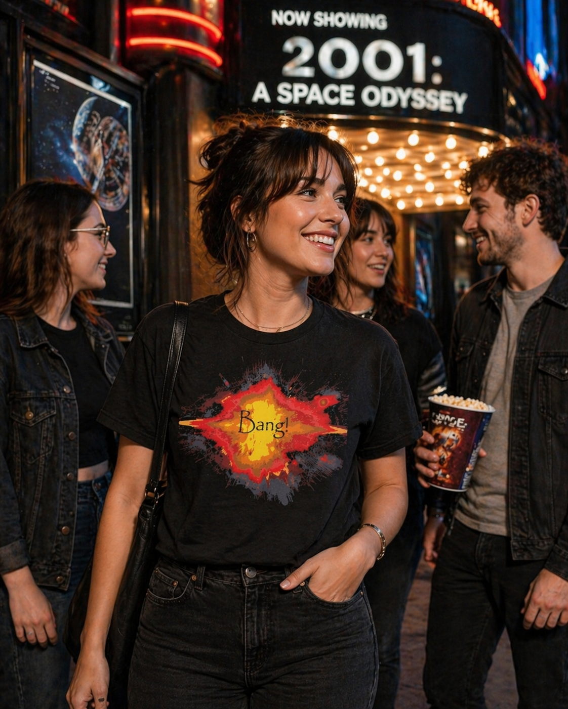 Person wearing a black t-shirt with a colorful design, standing in front of a movie theater marquee.