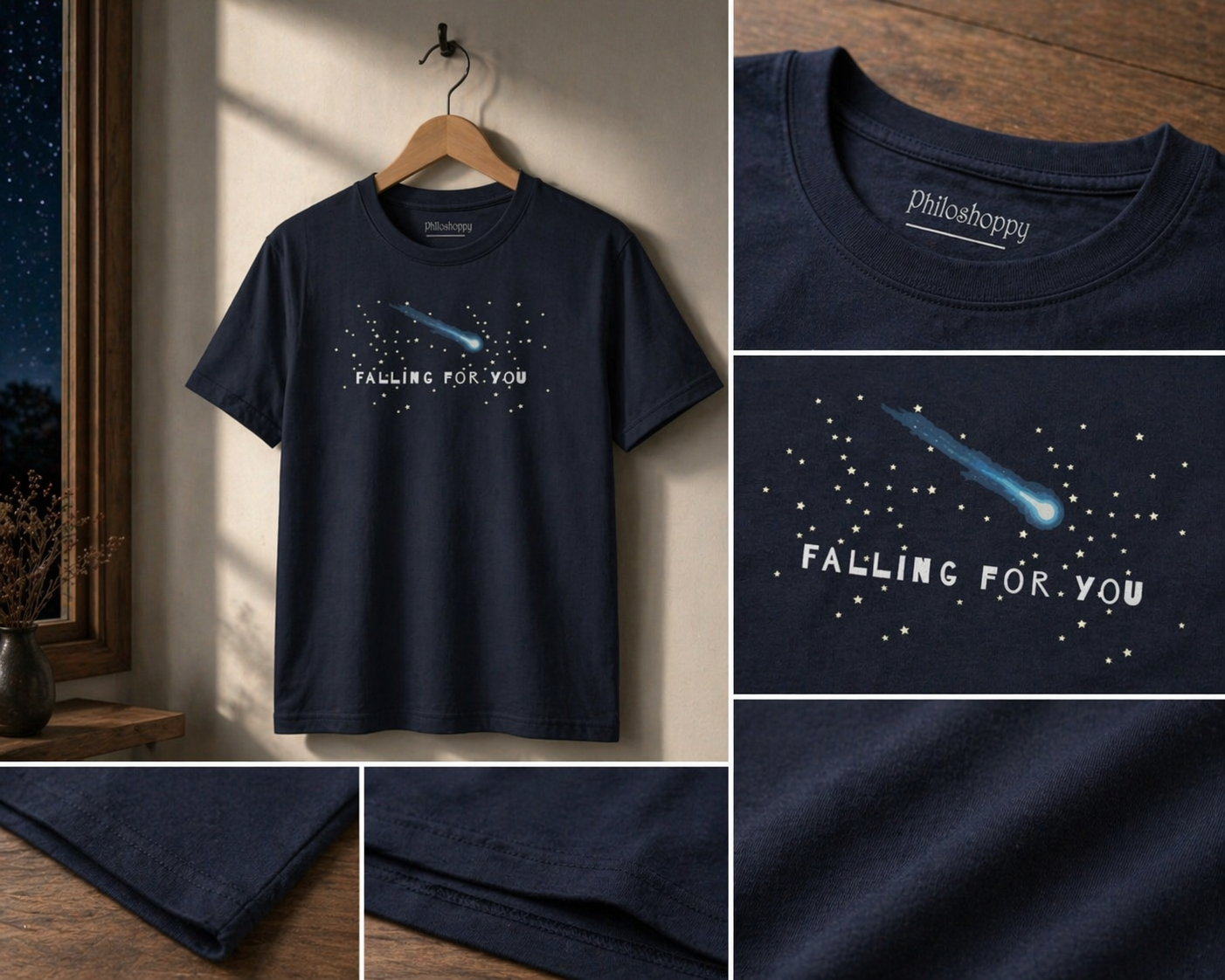 Navy blue t-shirt with a comet graphic and 'Falling for You' graphic and 'philosophy' branding, displayed on a hanger and flat