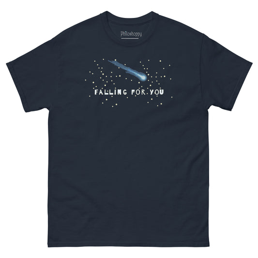 Navy unisex Falling For You t-shirt featuring comet moving across starry night sky design