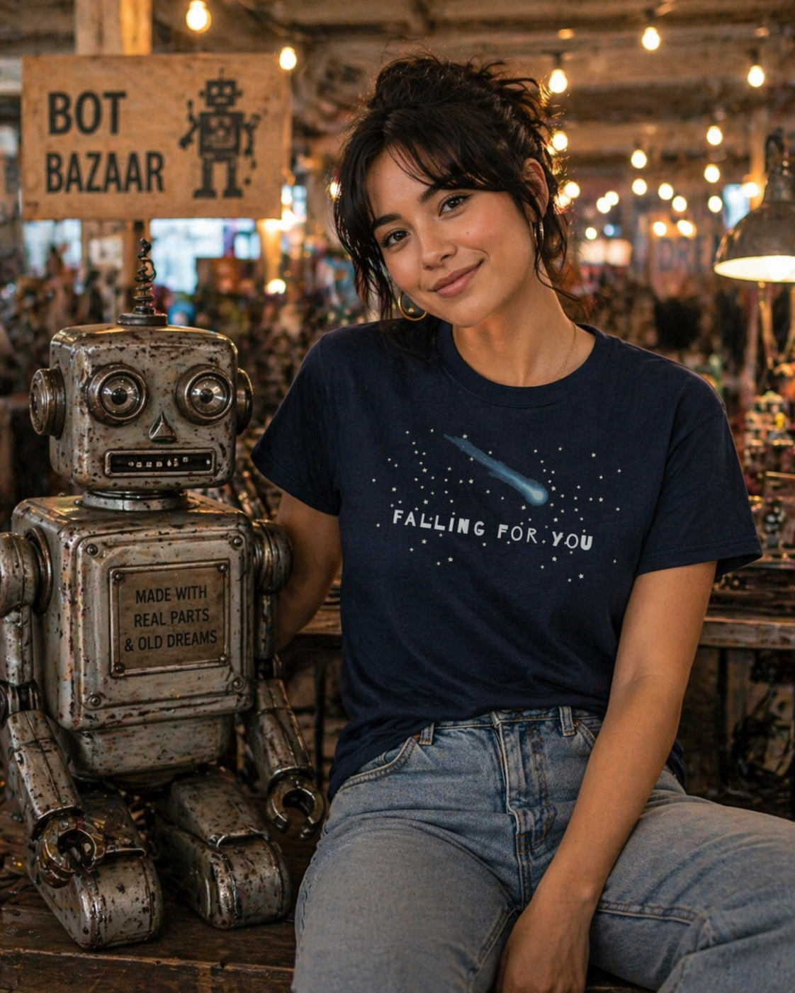 Woman wearing a navy unisex cosmic comet tee with relaxed fit styling