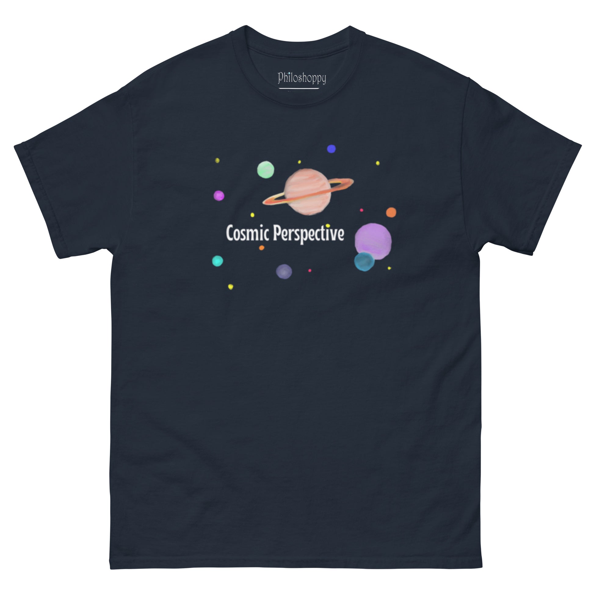 Navy unisex Cosmic Perspective t-shirt featuring minimal colorful planet illustrations and typography