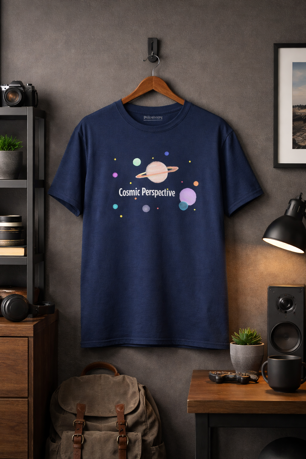 Navy blue t-shirt with 'Cosmic Perspective' design on a hanger against a gray wall.