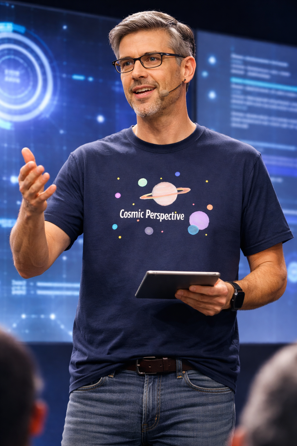 Man wearing a 'Cosmic Perspective' t-shirt with a space-themed design, holding a tablet in front of a screen displaying technical graphics.