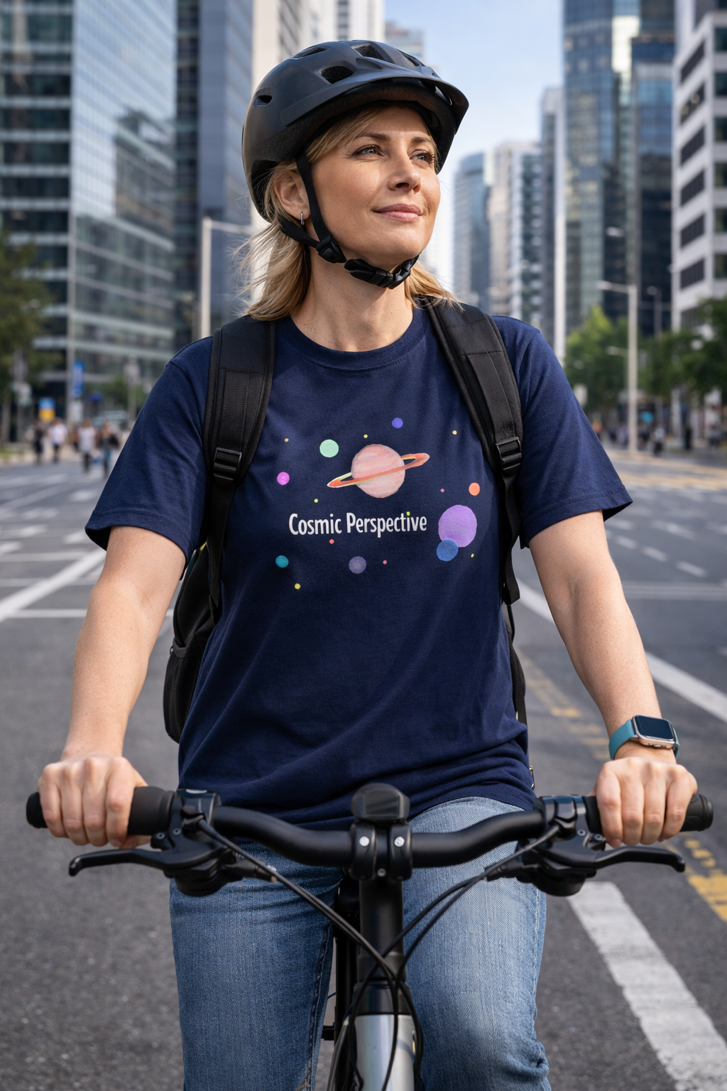 Person riding a bike in an urban setting wearing a t-shirt with a cosmic design.