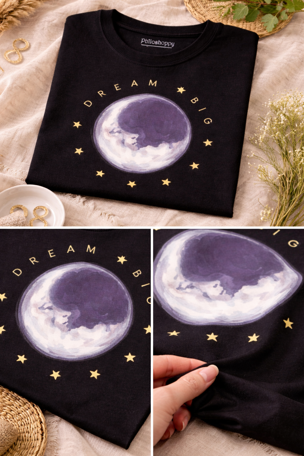 Close-up of moon illustration and Dream Big text showing print detail on black fabric of unisex cotton tshirt sold by philoshoppy