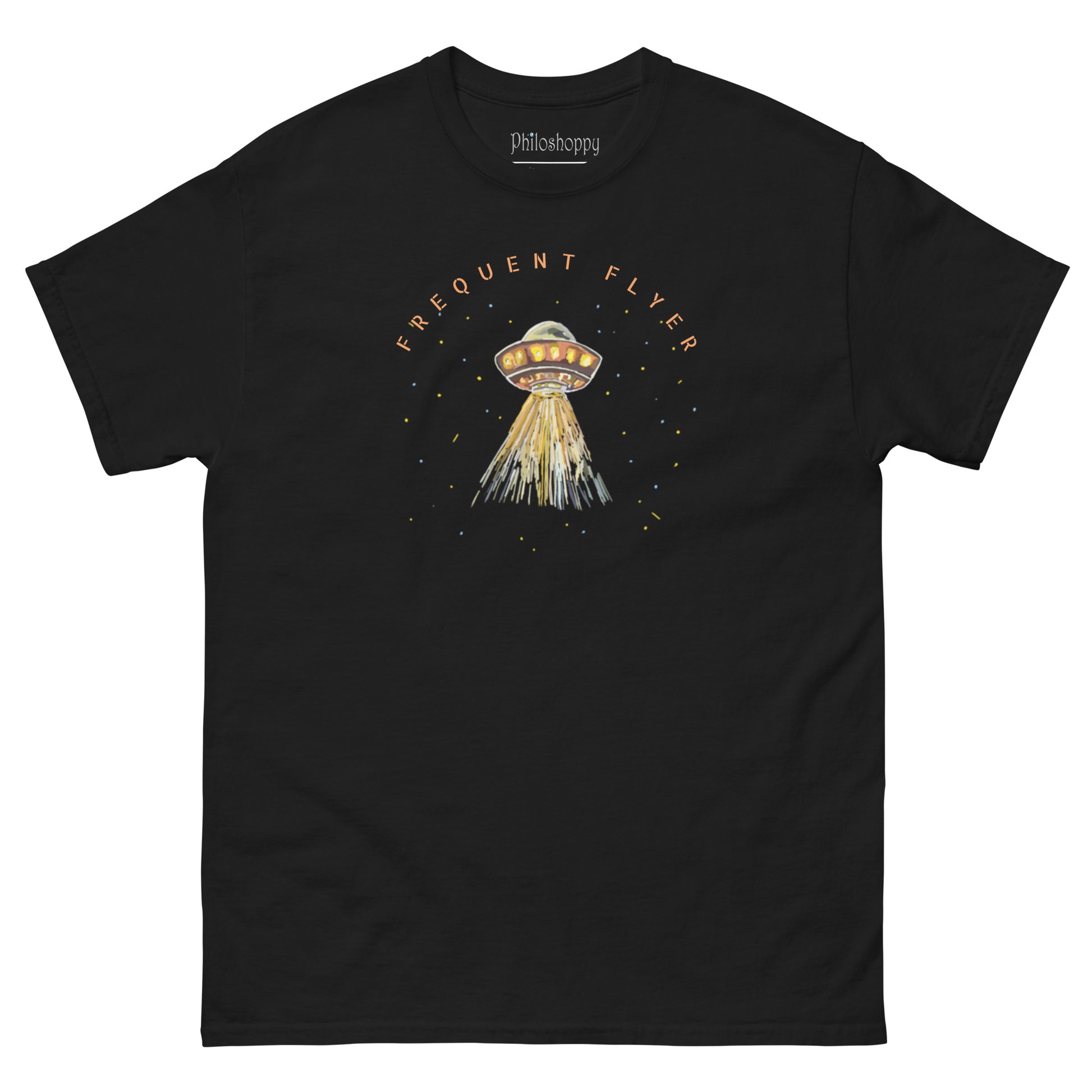 Black unisex Frequent Flyer t-shirt featuring minimalist UFO flying saucer graphic design