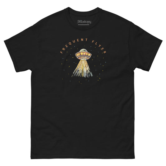 Black unisex Frequent Flyer t-shirt featuring minimalist UFO flying saucer graphic design