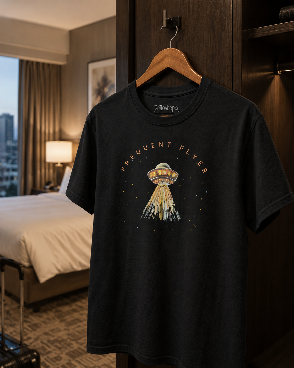 Black t-shirt with alien design and 'Frequent Flyer' text on a hanger in a room with a bed and lamp.
