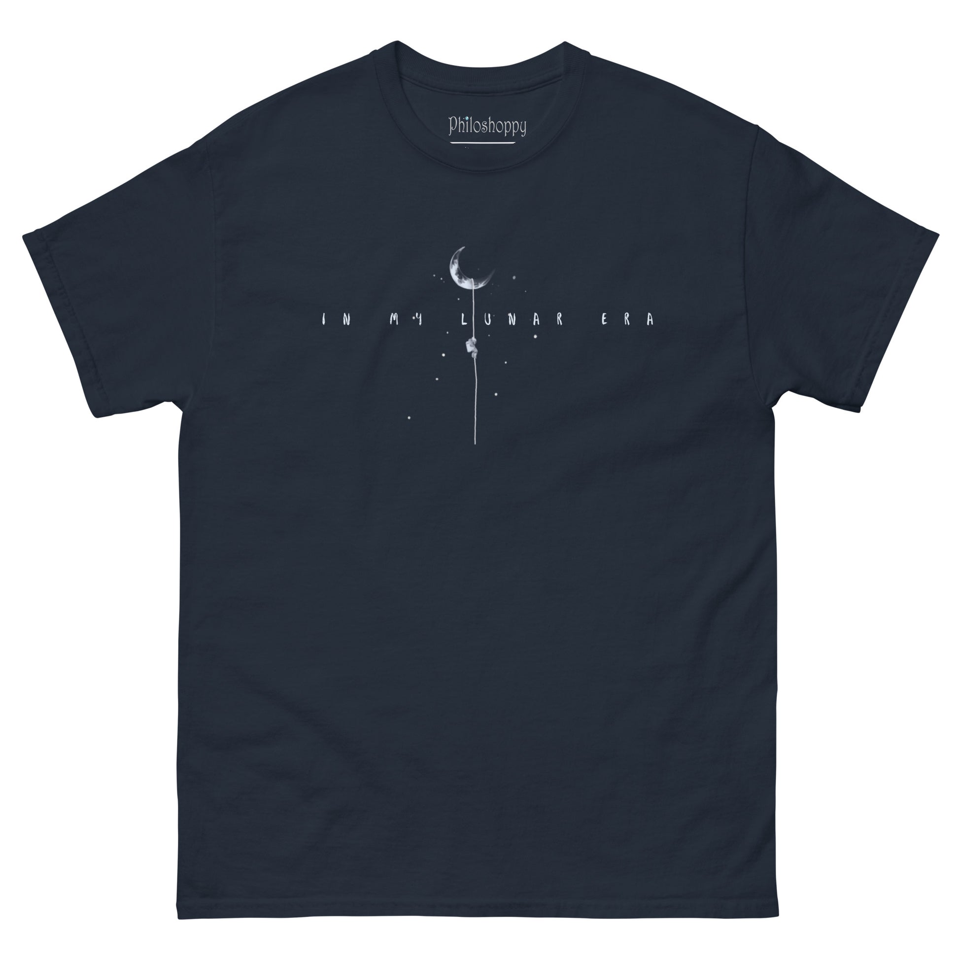 Navy unisex Lunar Era t-shirt featuring astronaut climbing rope toward the moon design