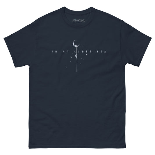 Navy unisex Lunar Era t-shirt featuring astronaut climbing rope toward the moon design