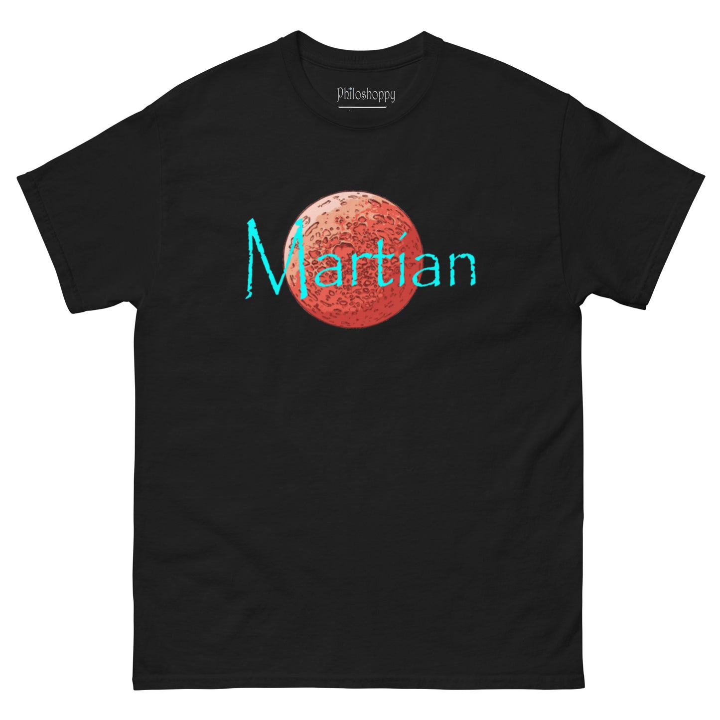 Black unisex Martian graphic t-shirt featuring minimalist Mars planet illustration and text design