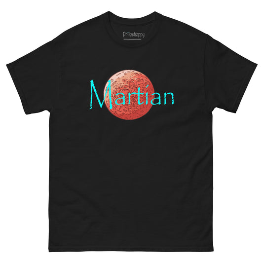 Black unisex Martian graphic t-shirt featuring minimalist Mars planet illustration and text design