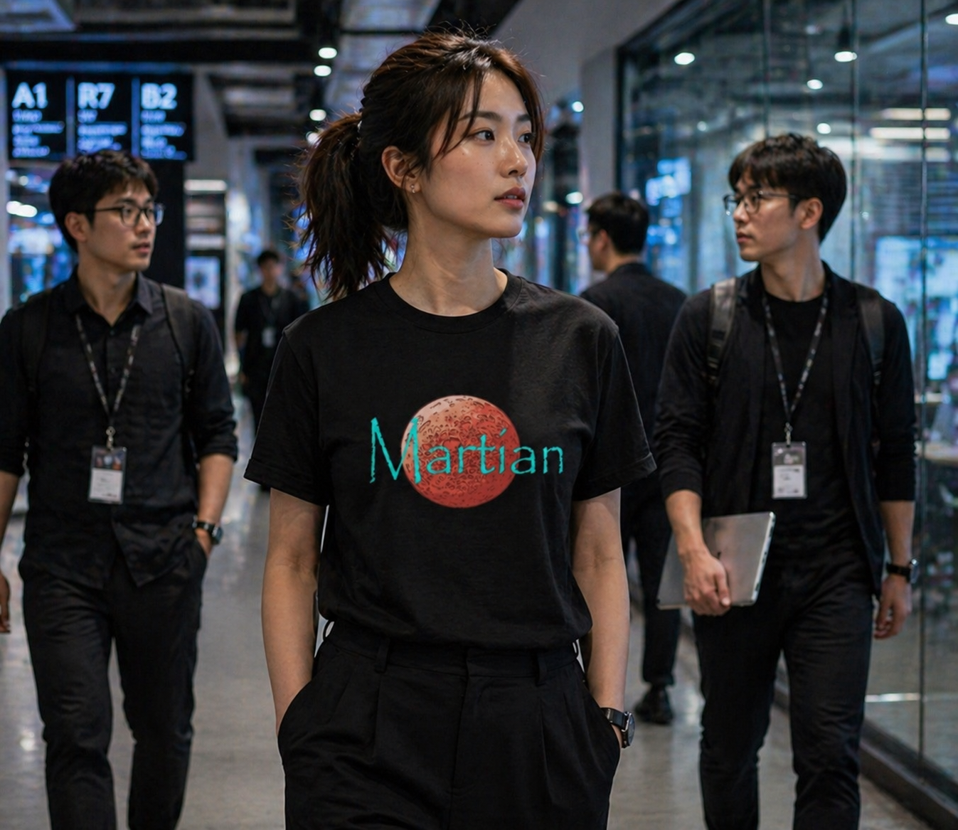 Person wearing a black t-shirt with 'Martian' design in a futuristic indoor setting