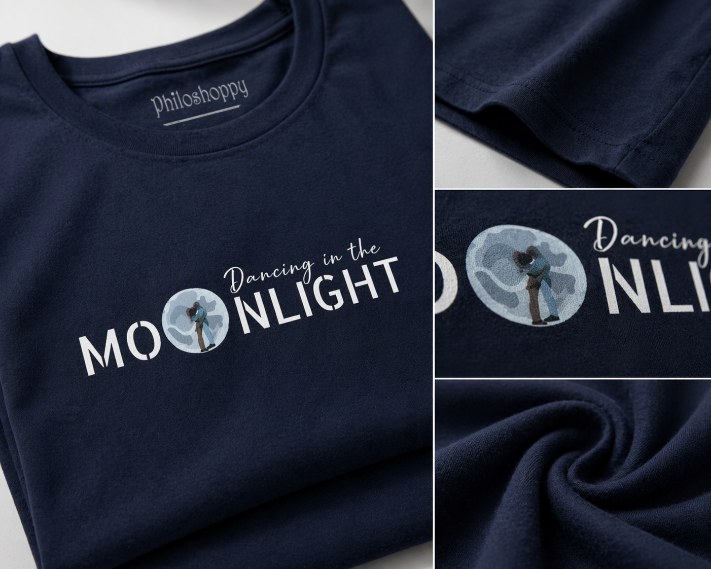 Navy blue t-shirt with 'Dancing in the Moonlight' text and graphic, featuring the brand 'Philoshoppy'.