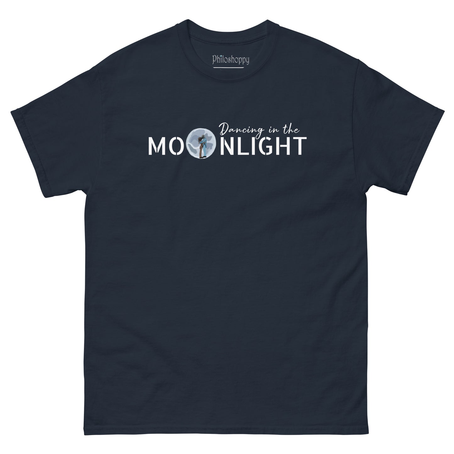 Navy unisex Dancing in the Moonlight t-shirt featuring astronauts dancing in front of the moon