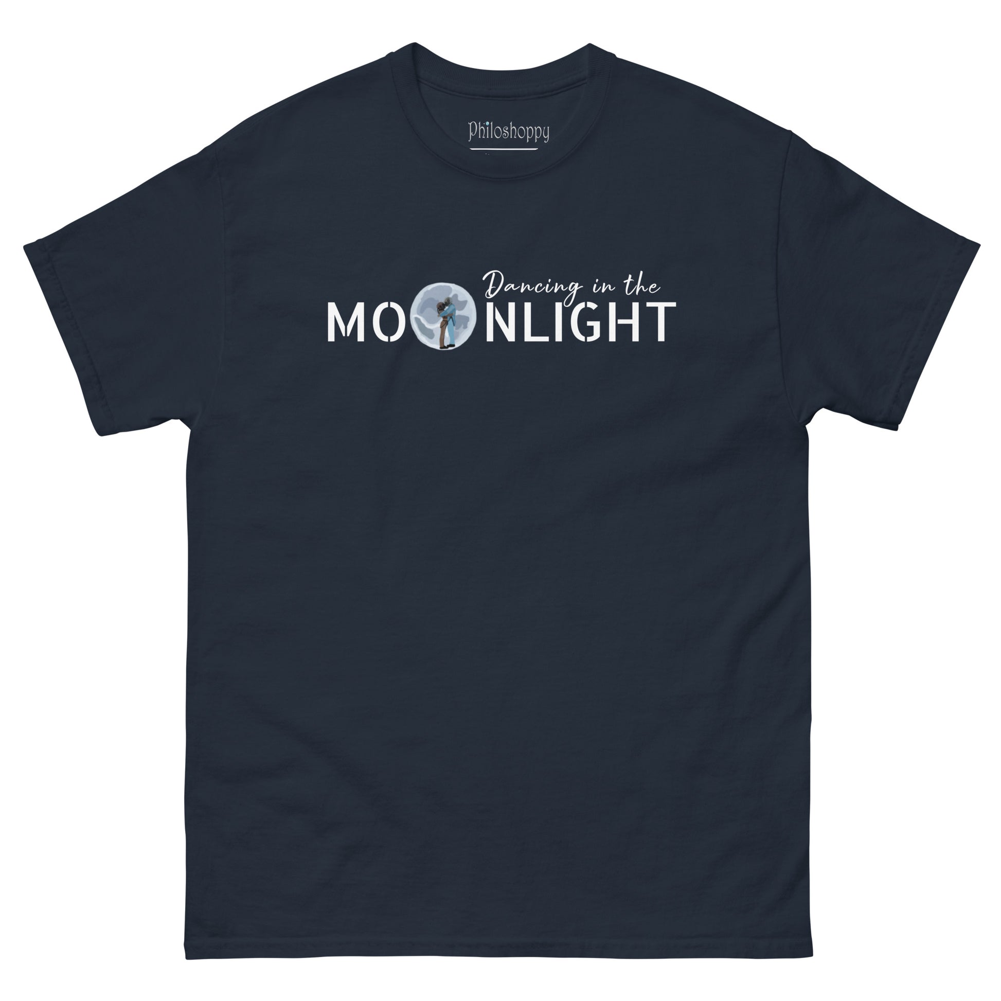 Navy unisex Dancing in the Moonlight t-shirt featuring astronauts dancing in front of the moon