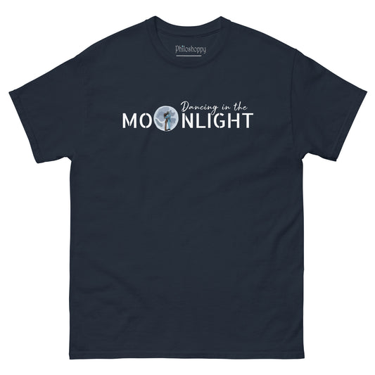 Navy unisex Dancing in the Moonlight t-shirt featuring astronauts dancing in front of the moon