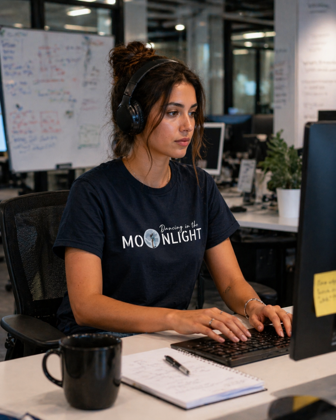 Woman wearing navy unisex astronaut moon graphic tee with relaxed fit
