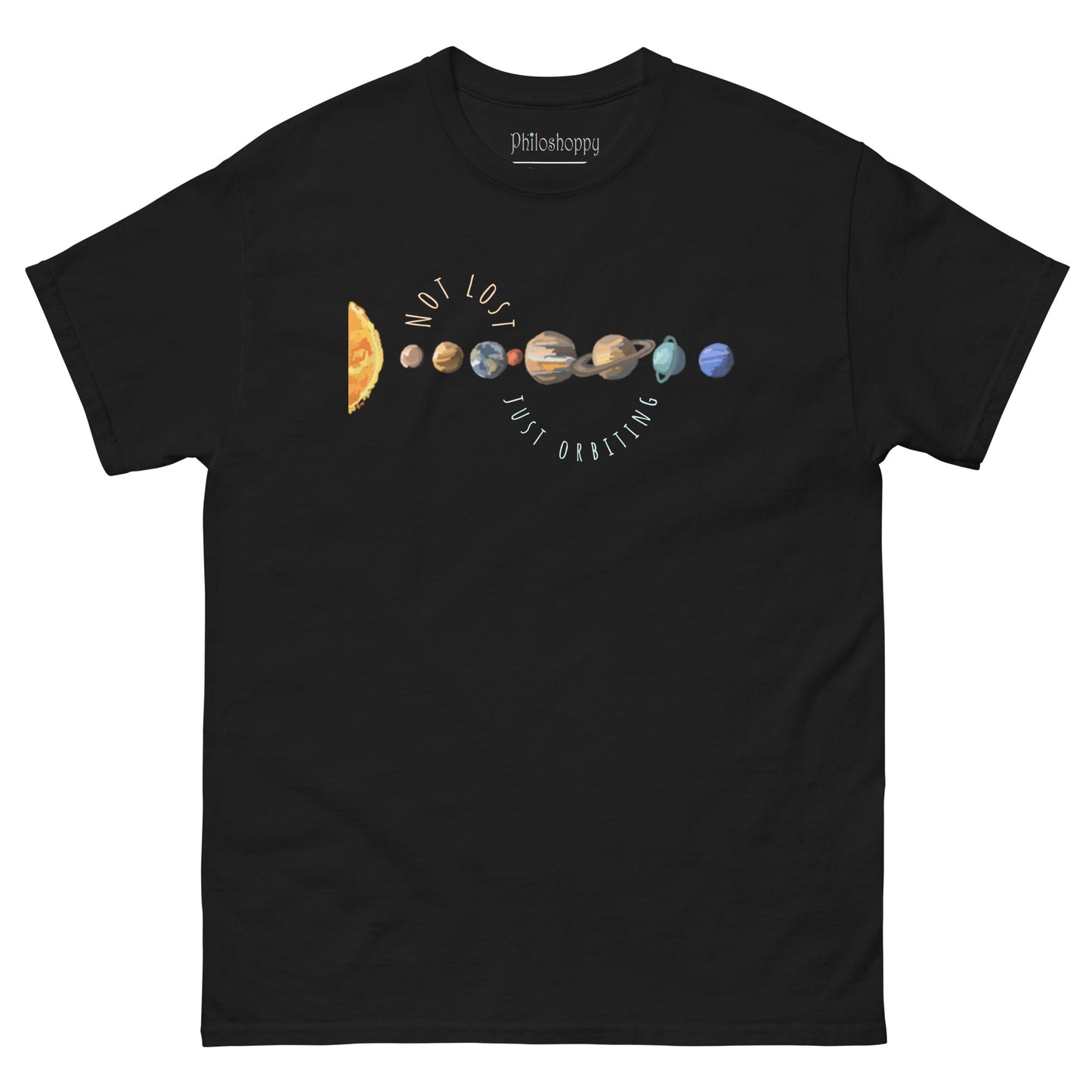 Black unisex t-shirt featuring planet graphic with Not Lost Just Orbiting quote, minimalist astronomy and space aesthetic design