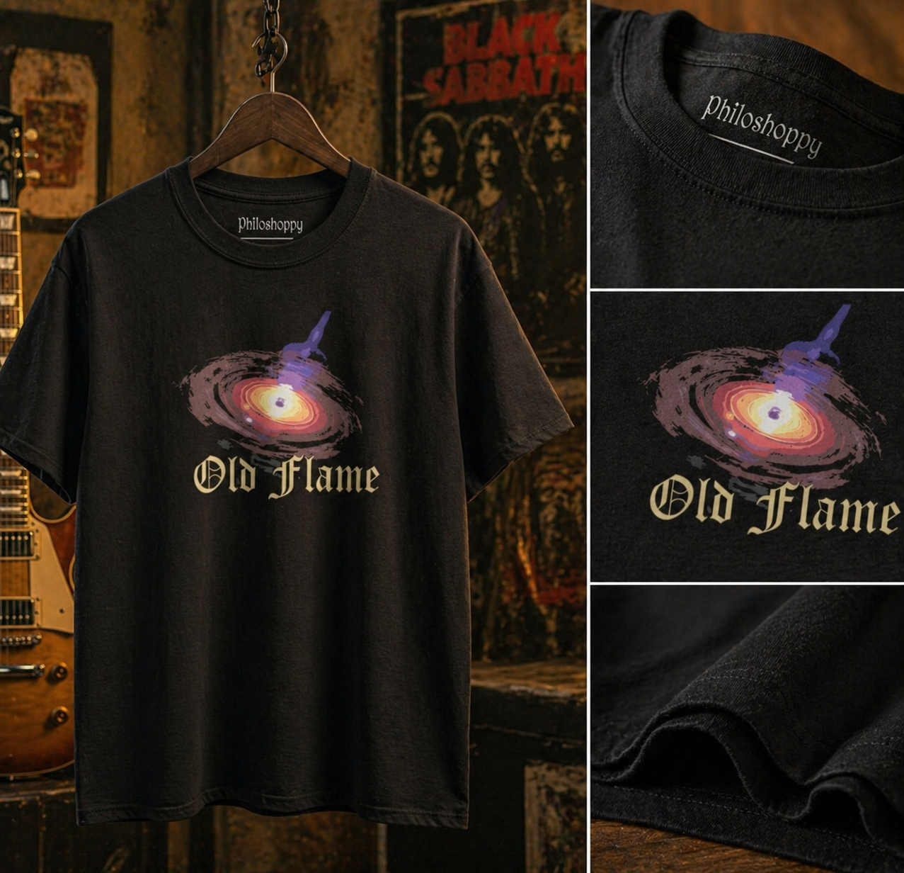Black t-shirt with 'Old Flame' design and 'Philosoppy' branding, hanging against a dark background.