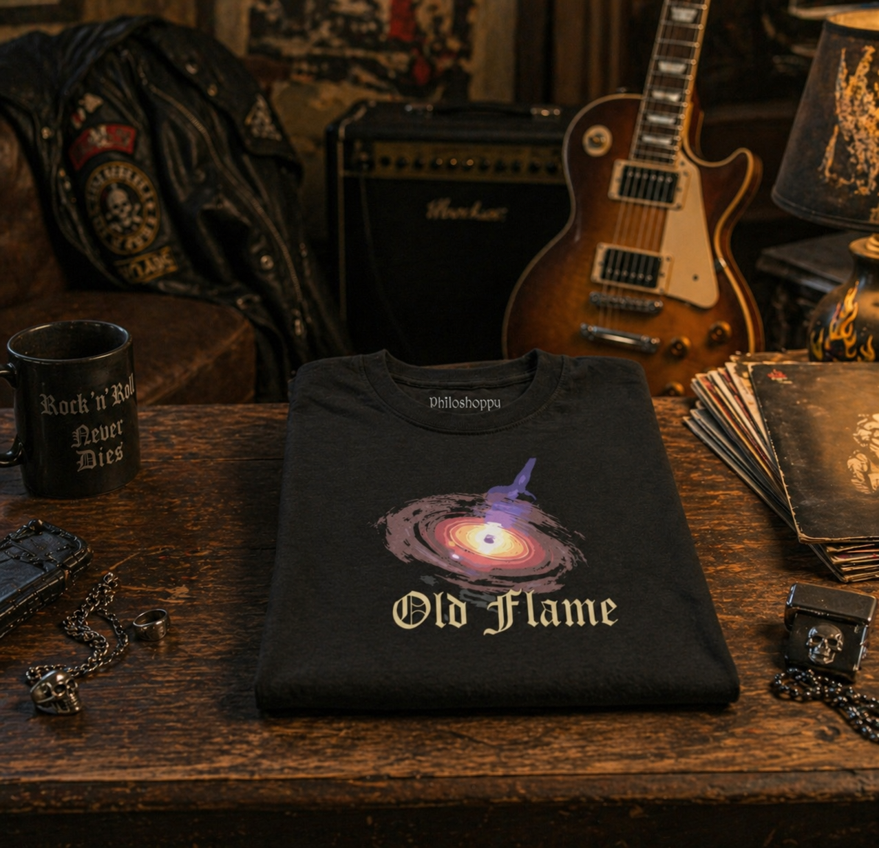 Black t-shirt with 'Old Flame' design on a wooden table with music-themed items.