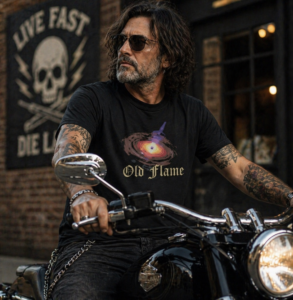 Man with tattoos sitting on a motorcycle wearing a black t-shirt with 'Old Flame' design.