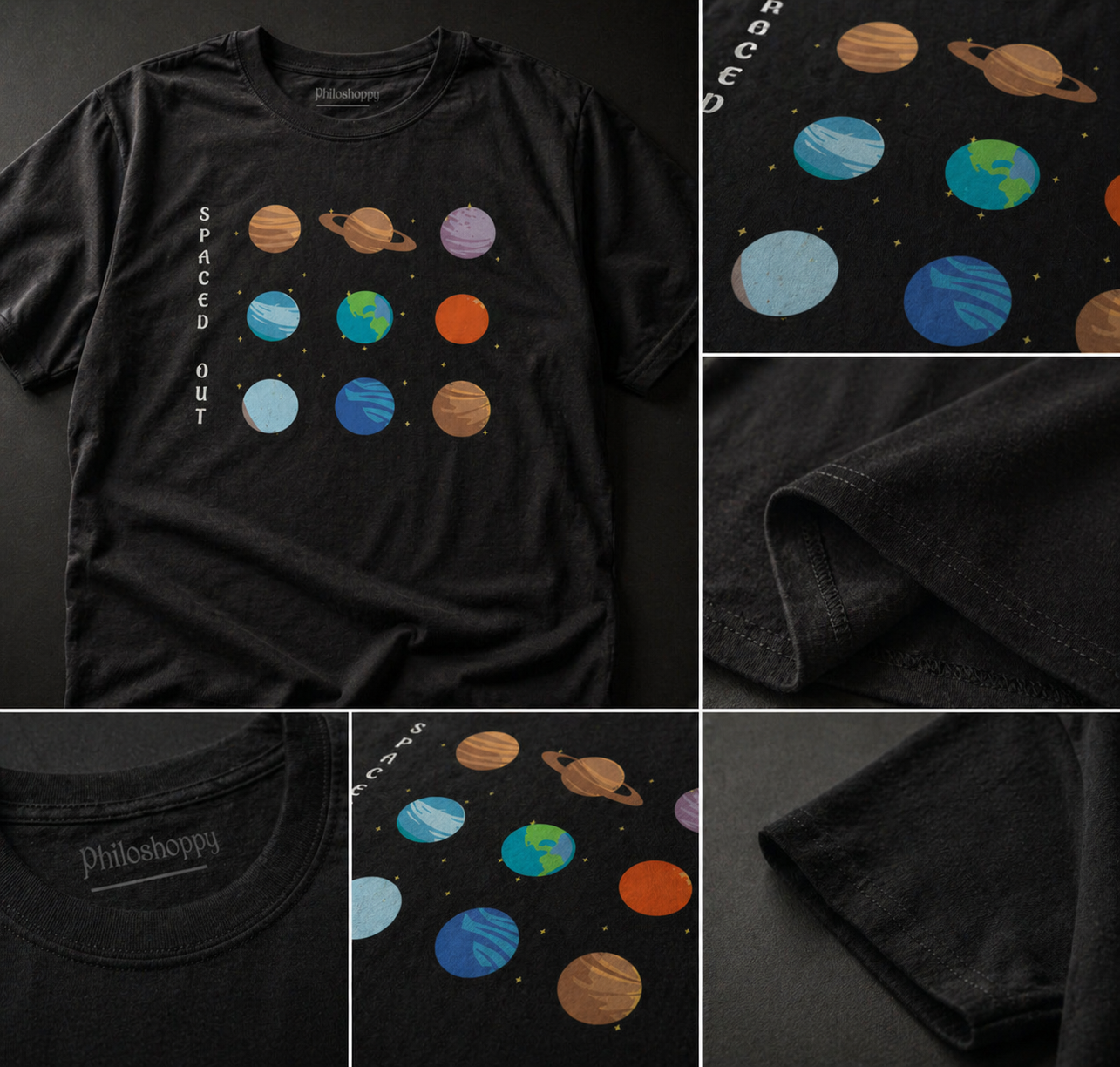 Black t-shirt with colorful planet illustrations and 'Philosophy' branding.
