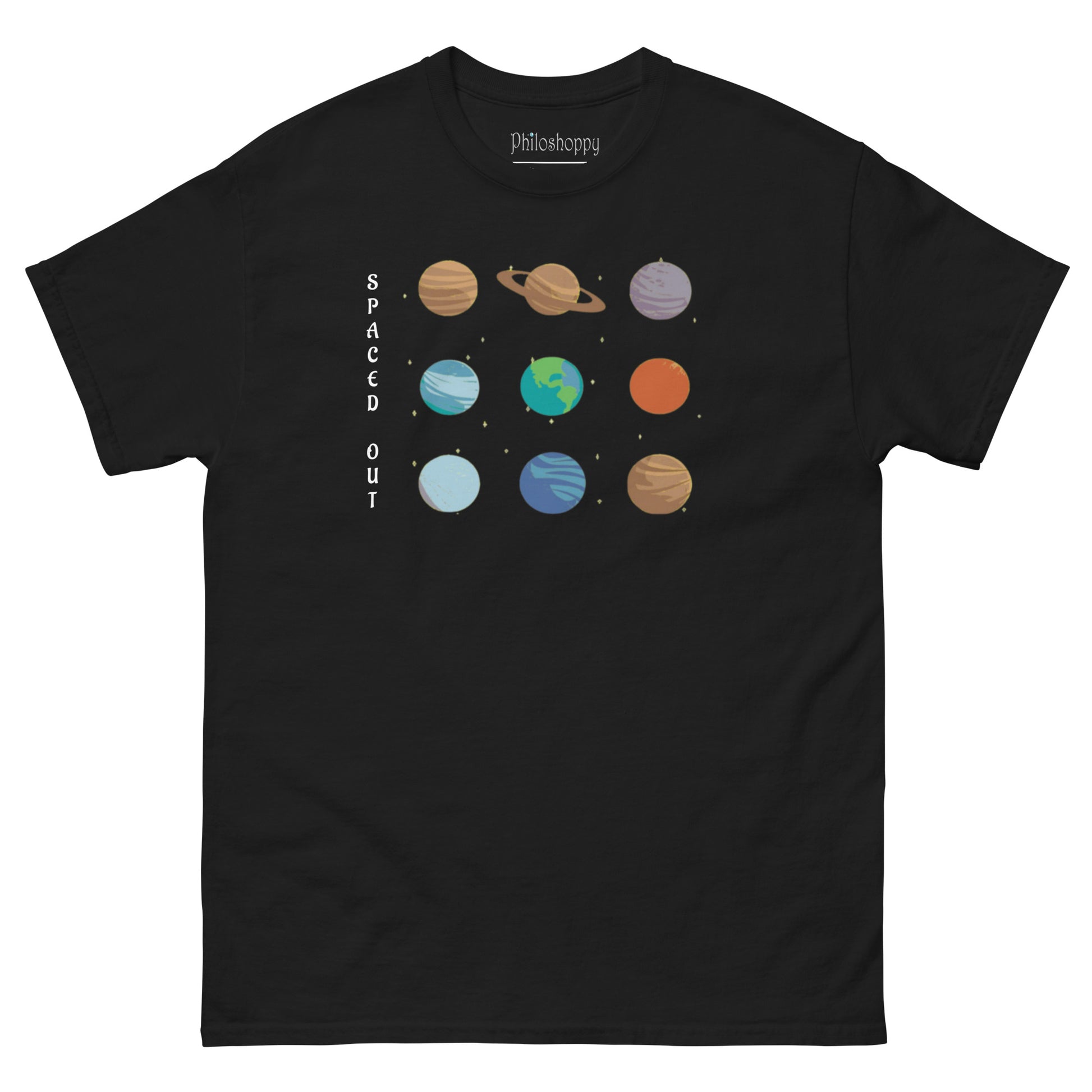 Black unisex cotton t-shirt featuring planets graphic with “Spaced Out” text, solar system cosmic graphic tee front view