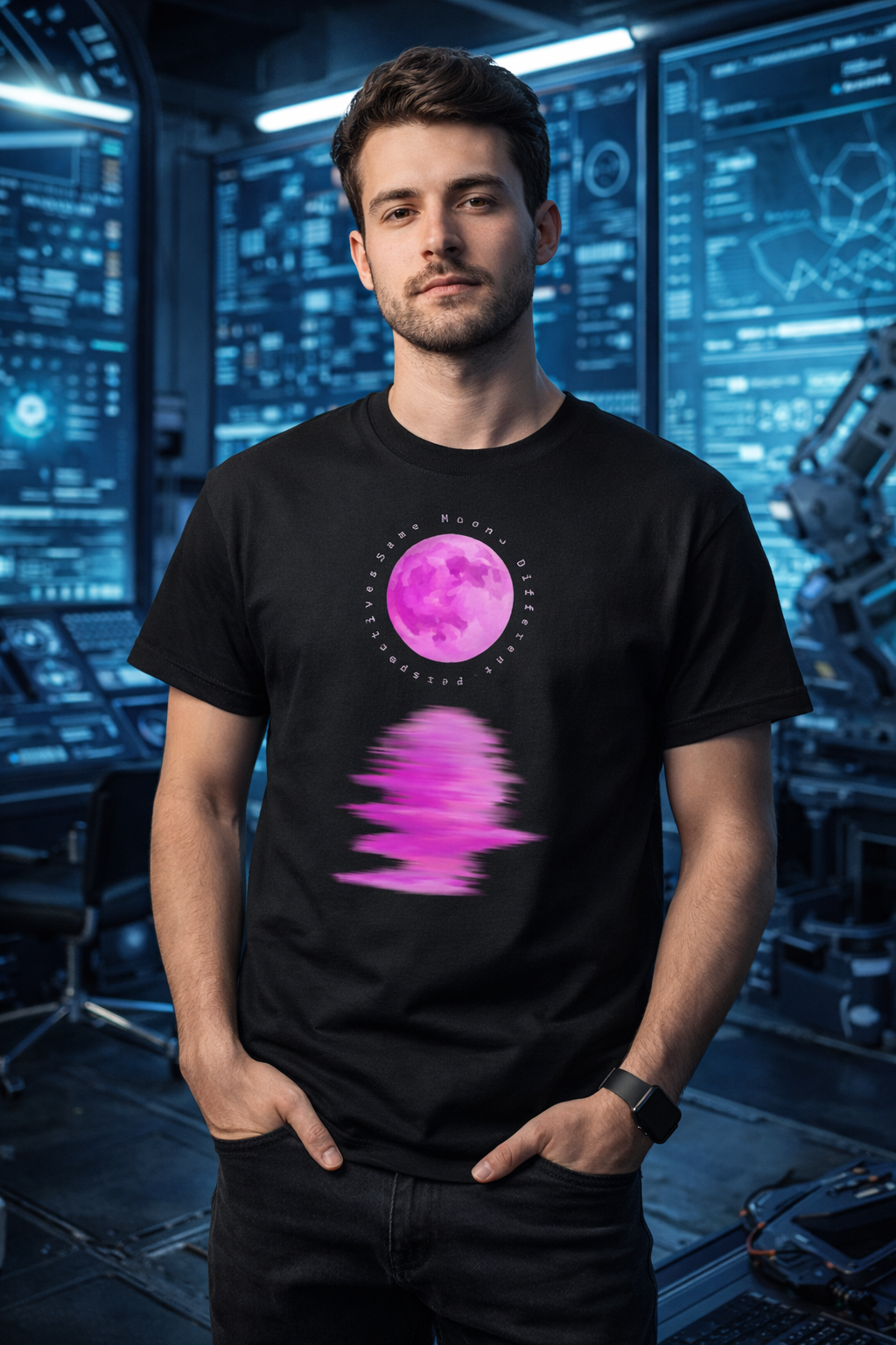 Man wearing black Same Moon Different Perspective t-shirt styled casually in a futuristic setting